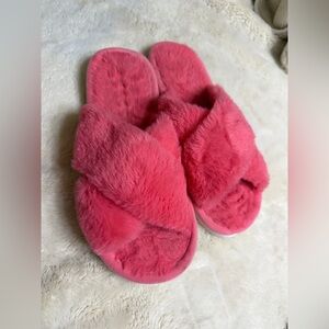 Plush Pink Cross-Band Slippers